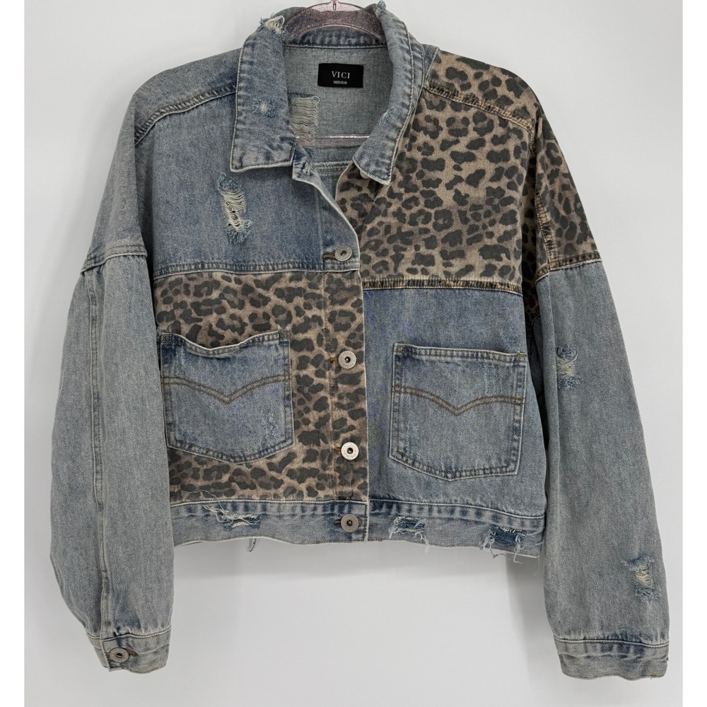 Vici Womens Leopard‎ Patchwork Distressed Cropped Denim Jacket Blue Sz M